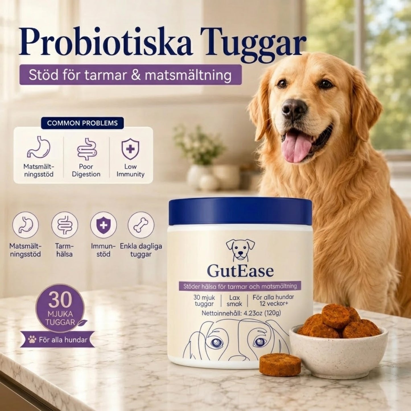 GutEase - Probiotiska tuggbitar för balans i magen och lugn i huden