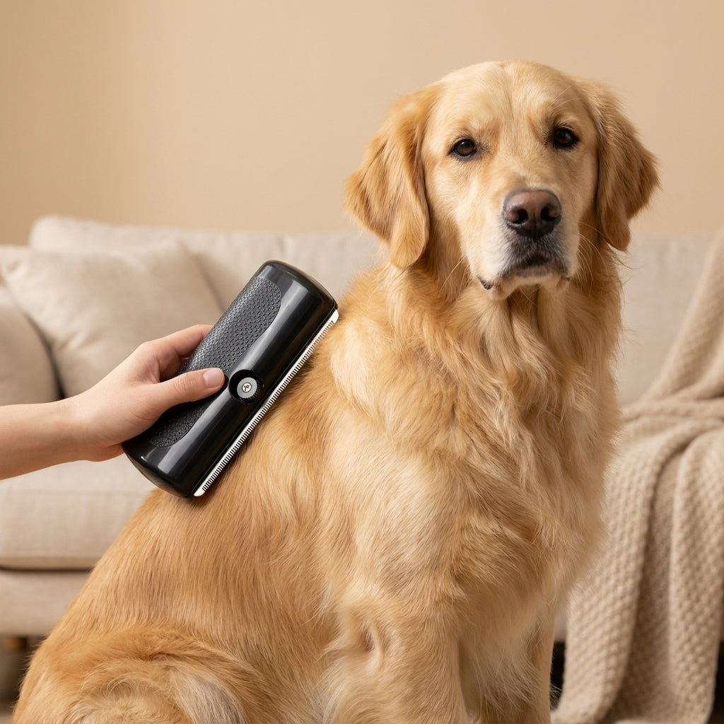 FurEase hundborste i användning, golden retriever borstas hemma