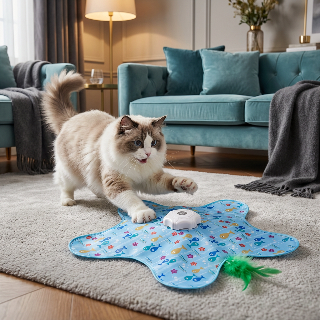 Katt leker med HuntMotion interaktiv jaktleksak hemma