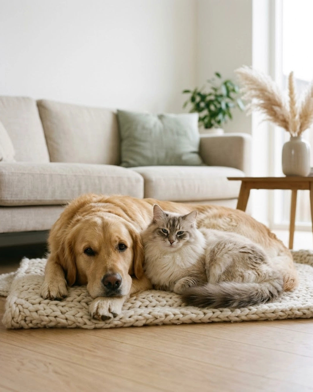 Hond en kat samen op een wollen plaid in een Scandinavische woonkamer