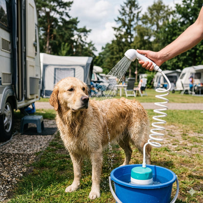Hund sköljs ren med ShowerGo på campingen