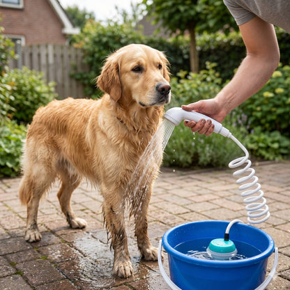 Hund sköljs ren med ShowerGo i trädgården